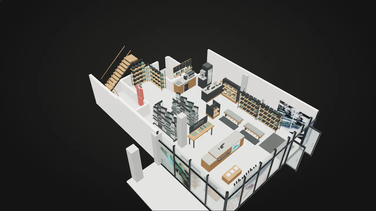 Cutaway of the Rundle Bike and Ski shop model: rental ski racks, boot shelves, checkout and coffee counter